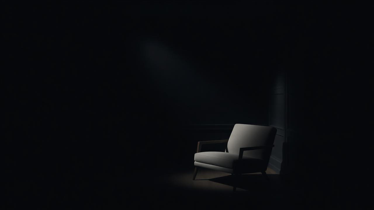 A single chair lit by a soft shaft of light in a dark, private room.